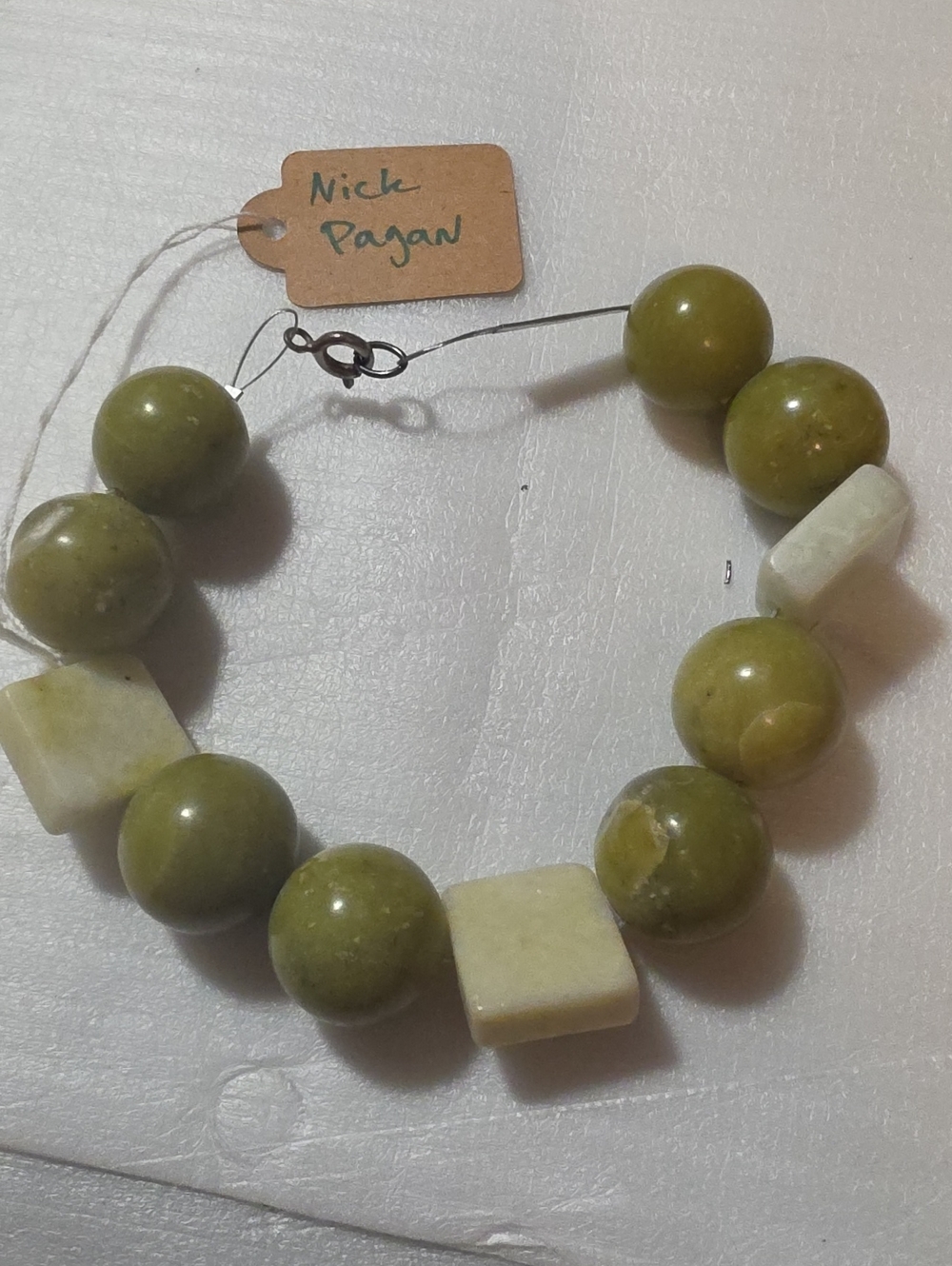 Serpentine Jade Beaded Bracelet with Square Accent Stones